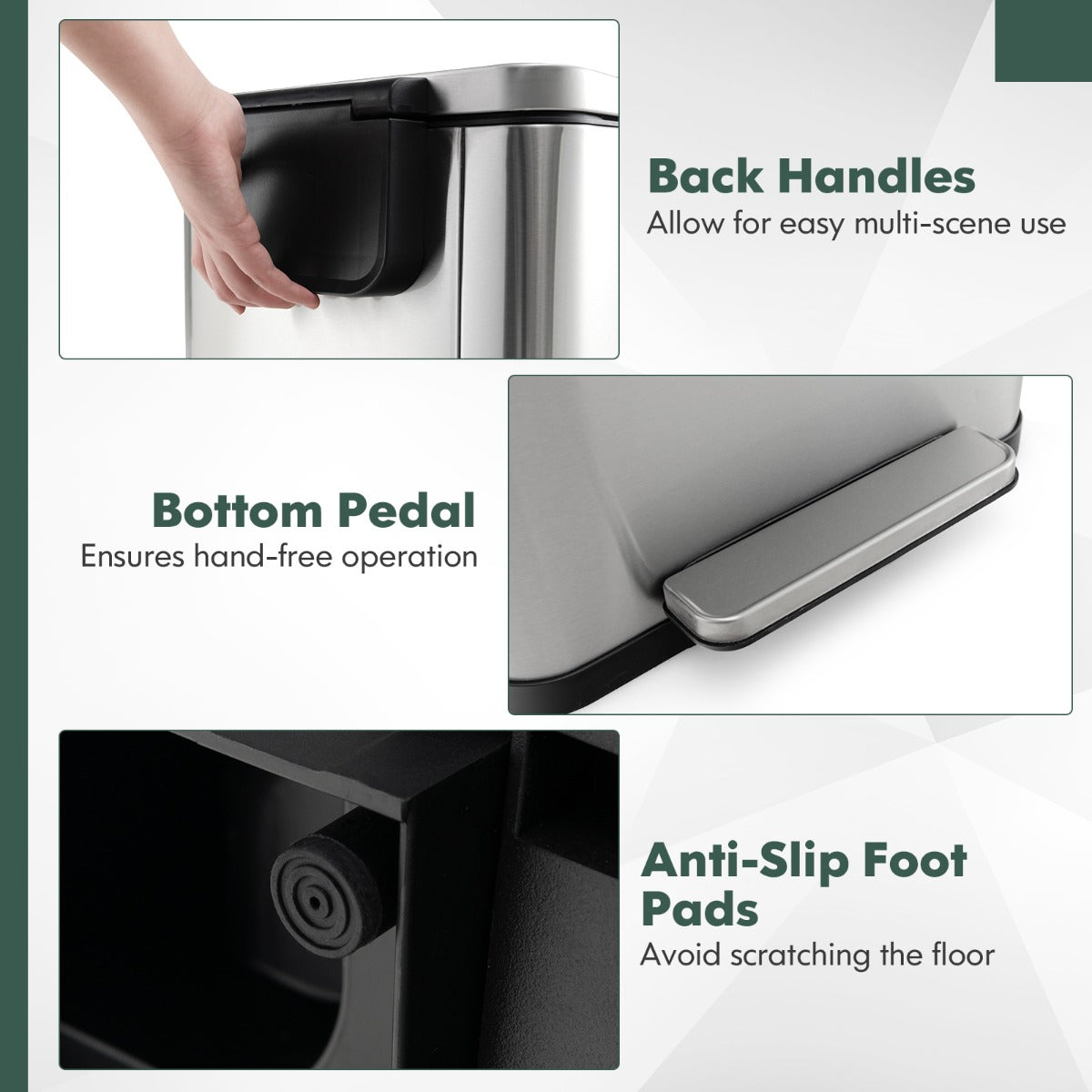 Anti-slip foot pads and rear handles improve stability, floor protection, and convenient movement