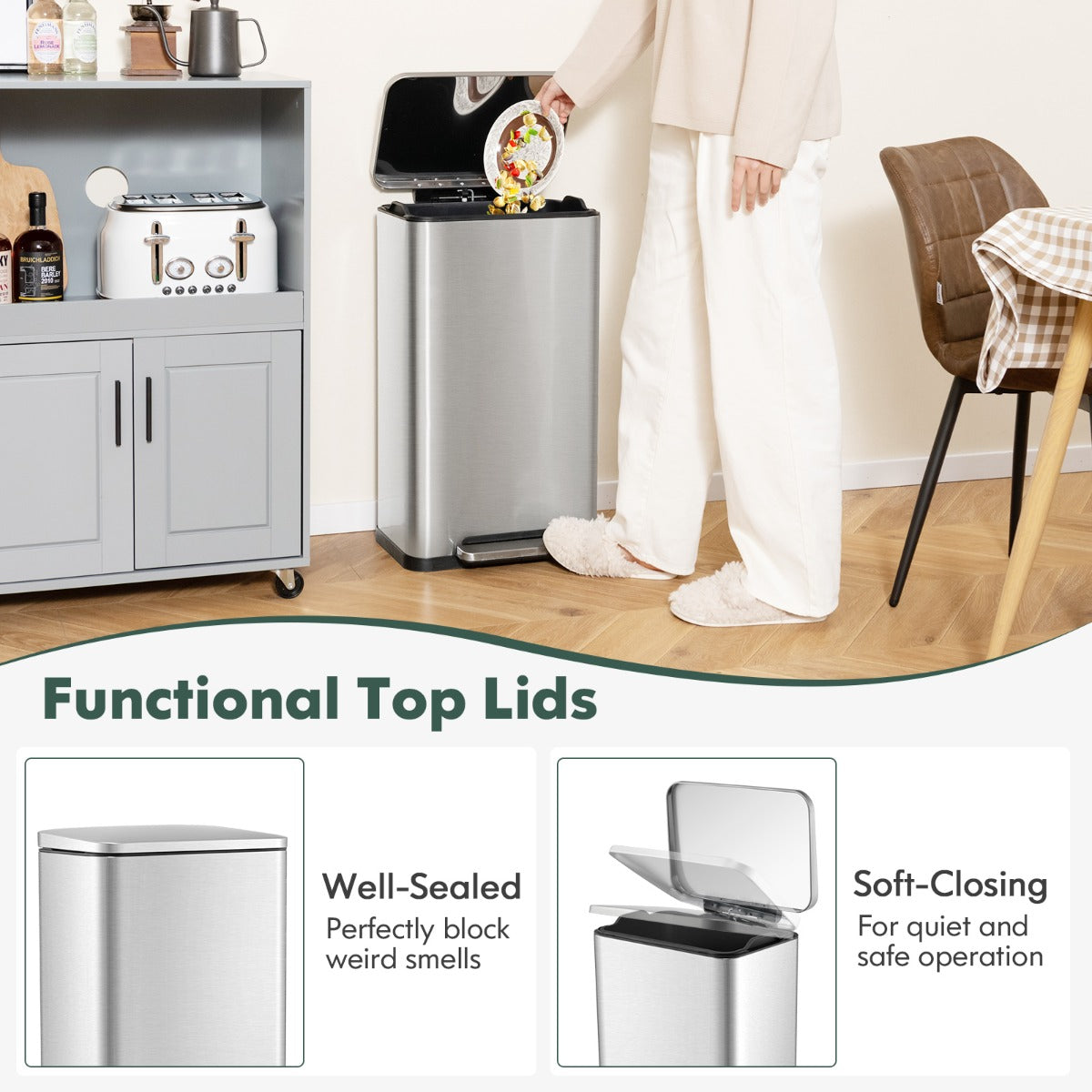 Functional pedals enable hands-free operation for convenient and hygienic waste disposal