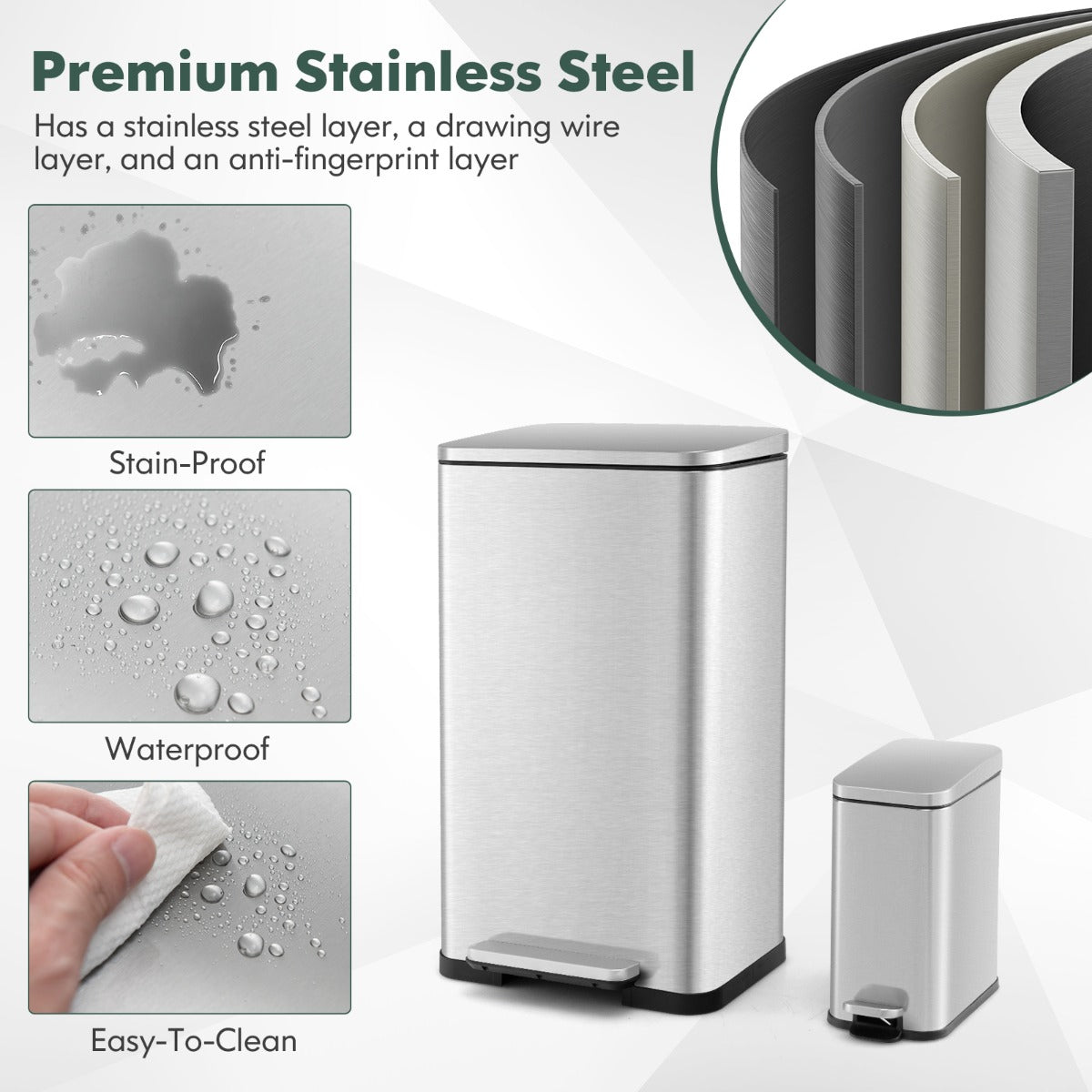 Large trash can suits kitchens and living rooms while the small bin fits bathrooms or offices