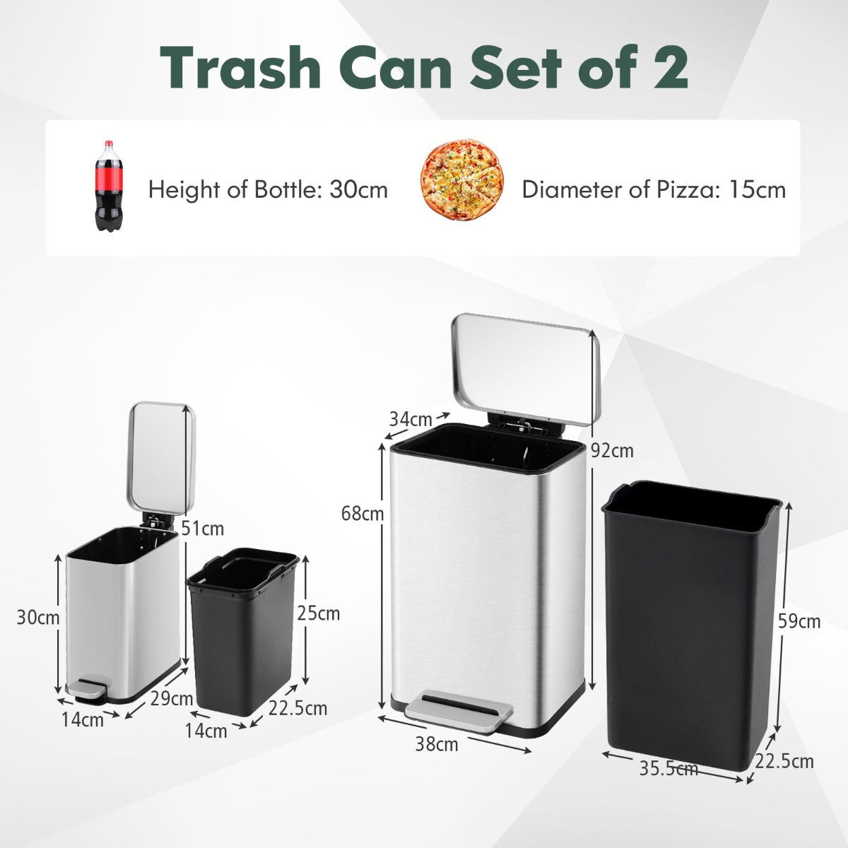 Two-piece stainless steel trash can set includes a 40L kitchen bin and a compact 6L bathroom bin
