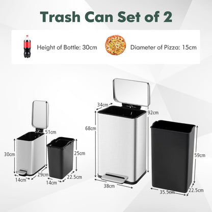 Two-piece stainless steel trash can set includes a 40L kitchen bin and a compact 6L bathroom bin