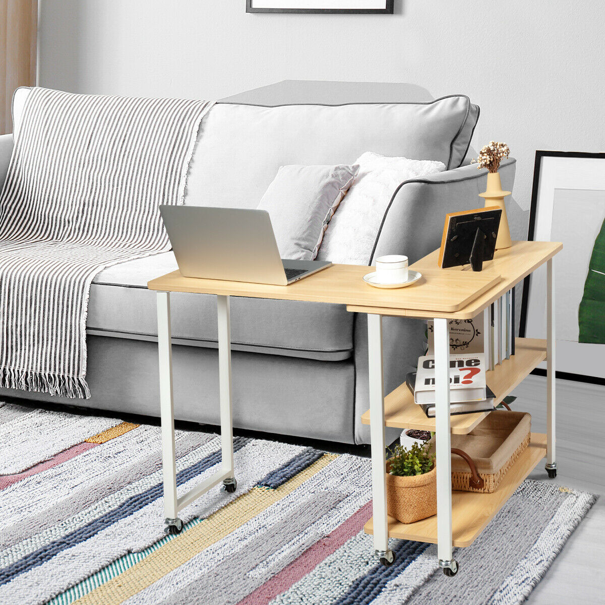 Costway L-Shape 360° Rotating Computer PC Desk Corner Table-natural