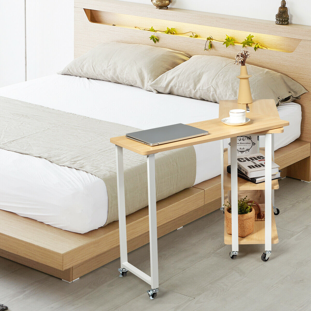 Costway L-Shape 360° Rotating Computer PC Desk Corner Table-natural