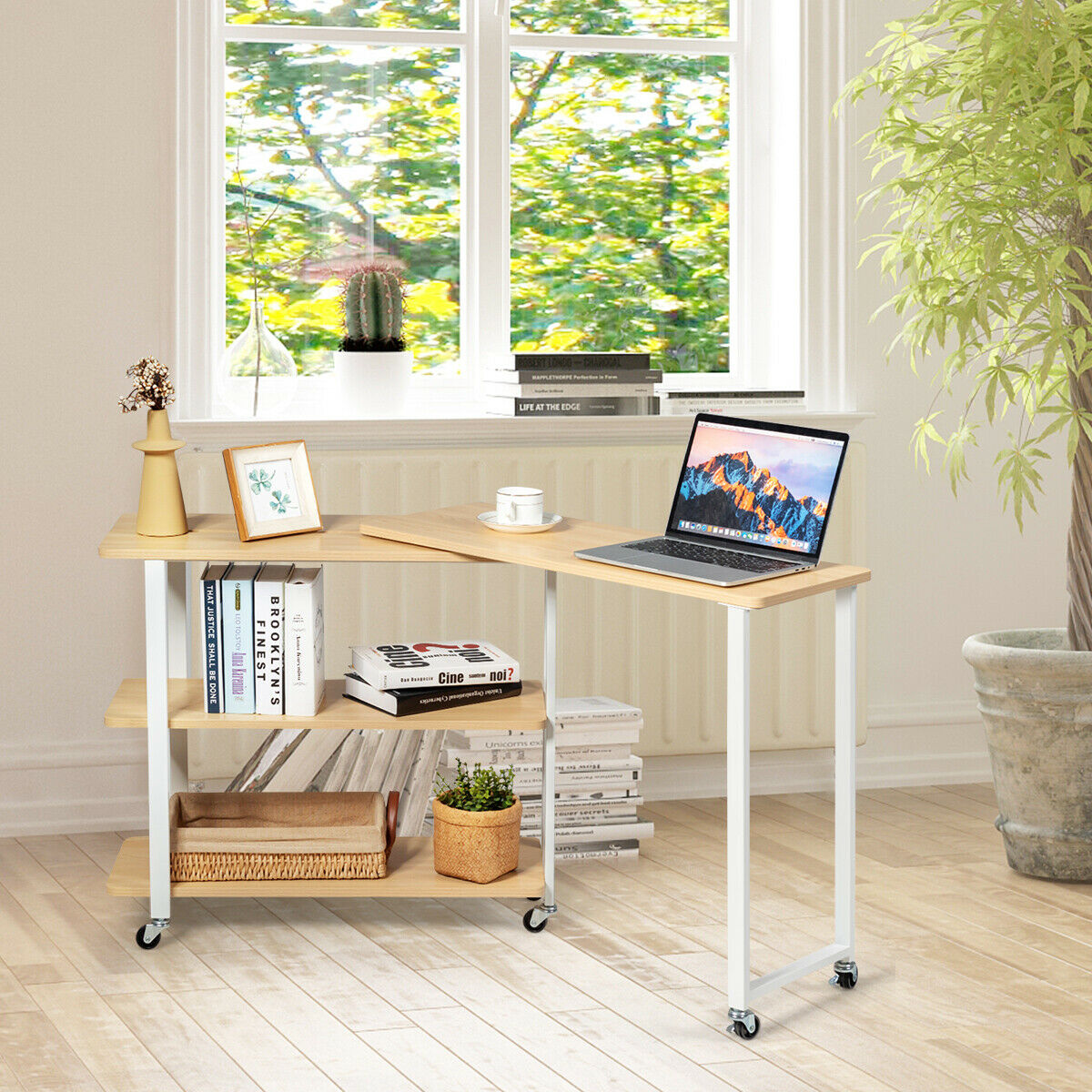 Costway L-Shape 360° Rotating Computer PC Desk Corner Table-natural
