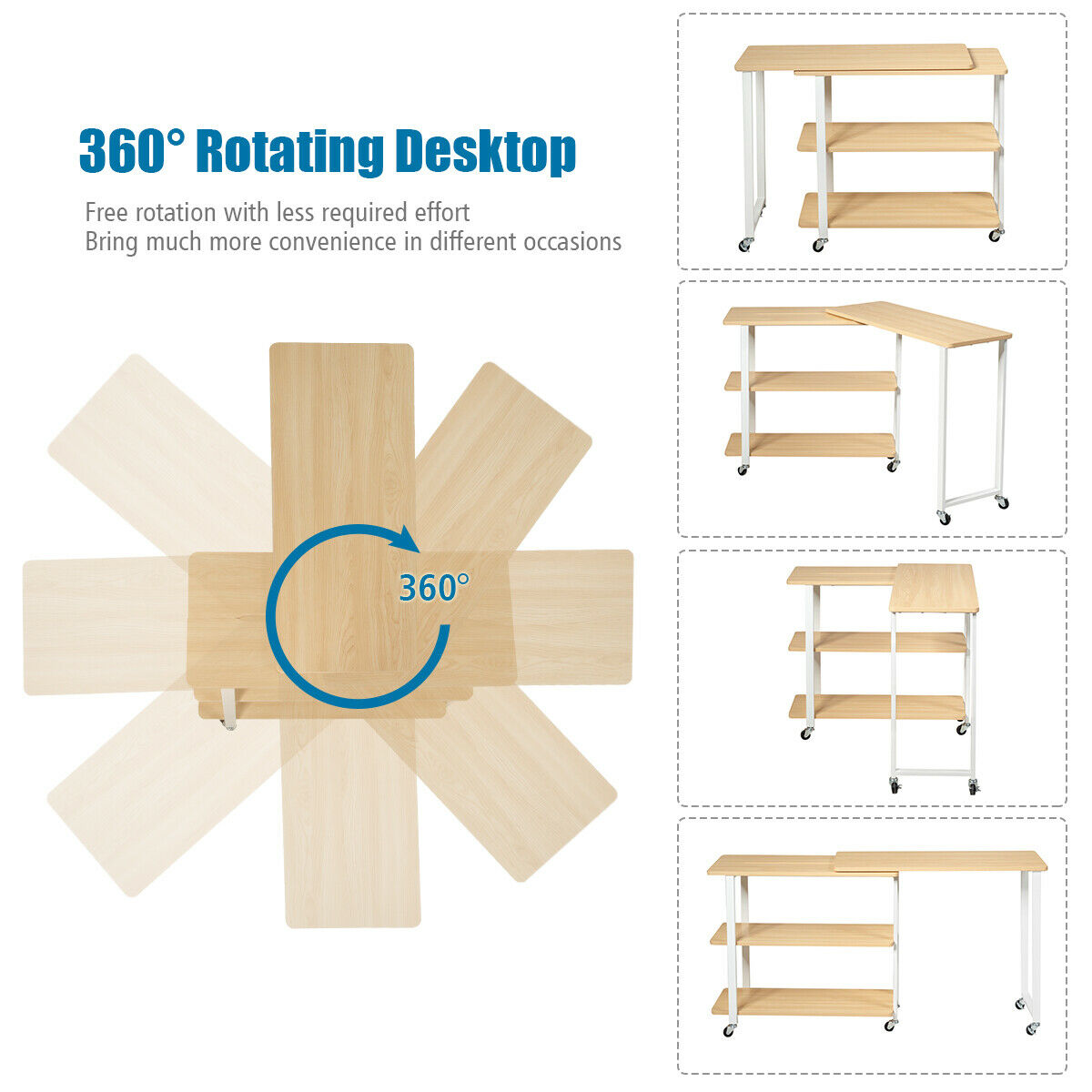 Costway L-Shape 360° Rotating Computer PC Desk Corner Table-natural