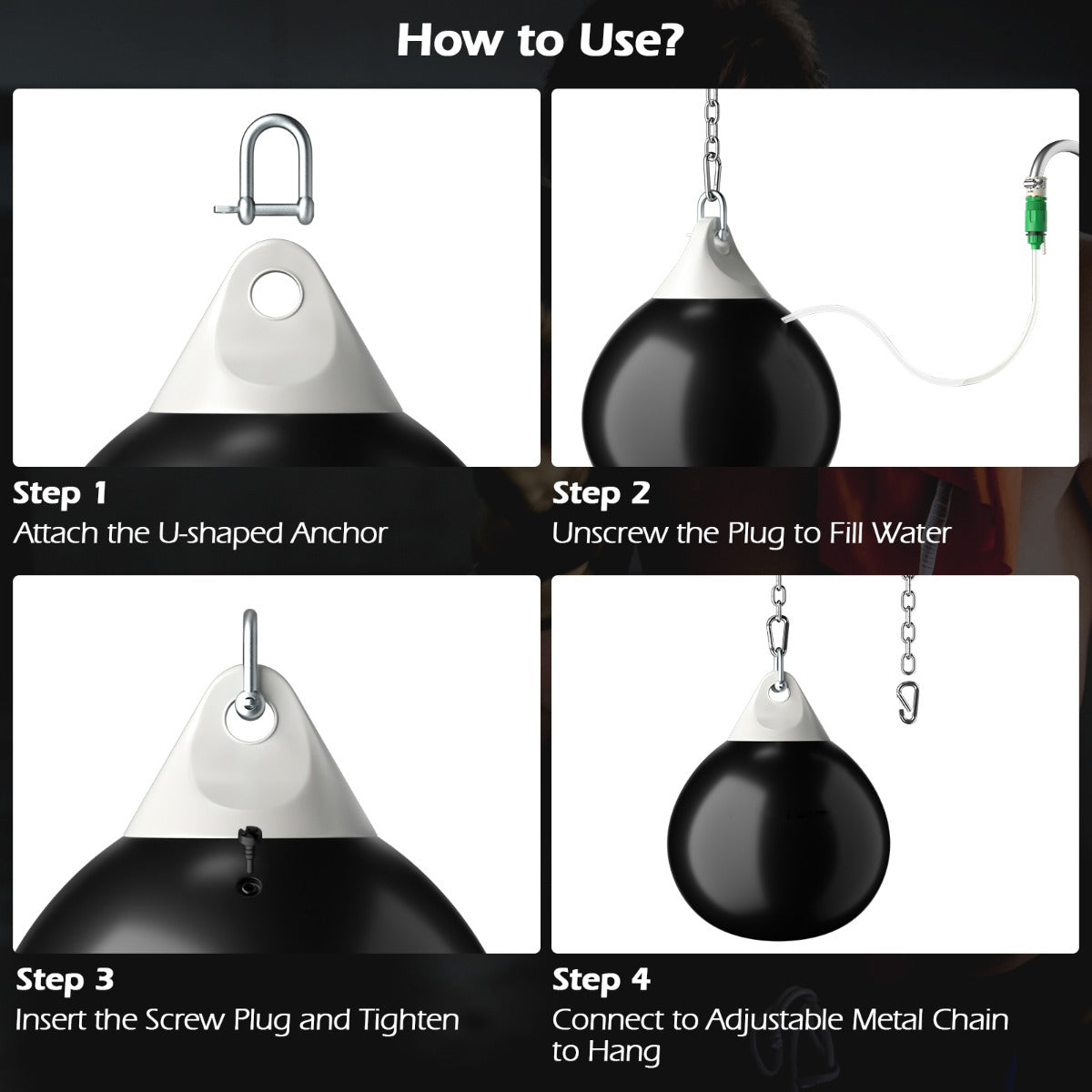 45cm 50kg Water Punching Bag with Adjustable Metal Chain-Black
