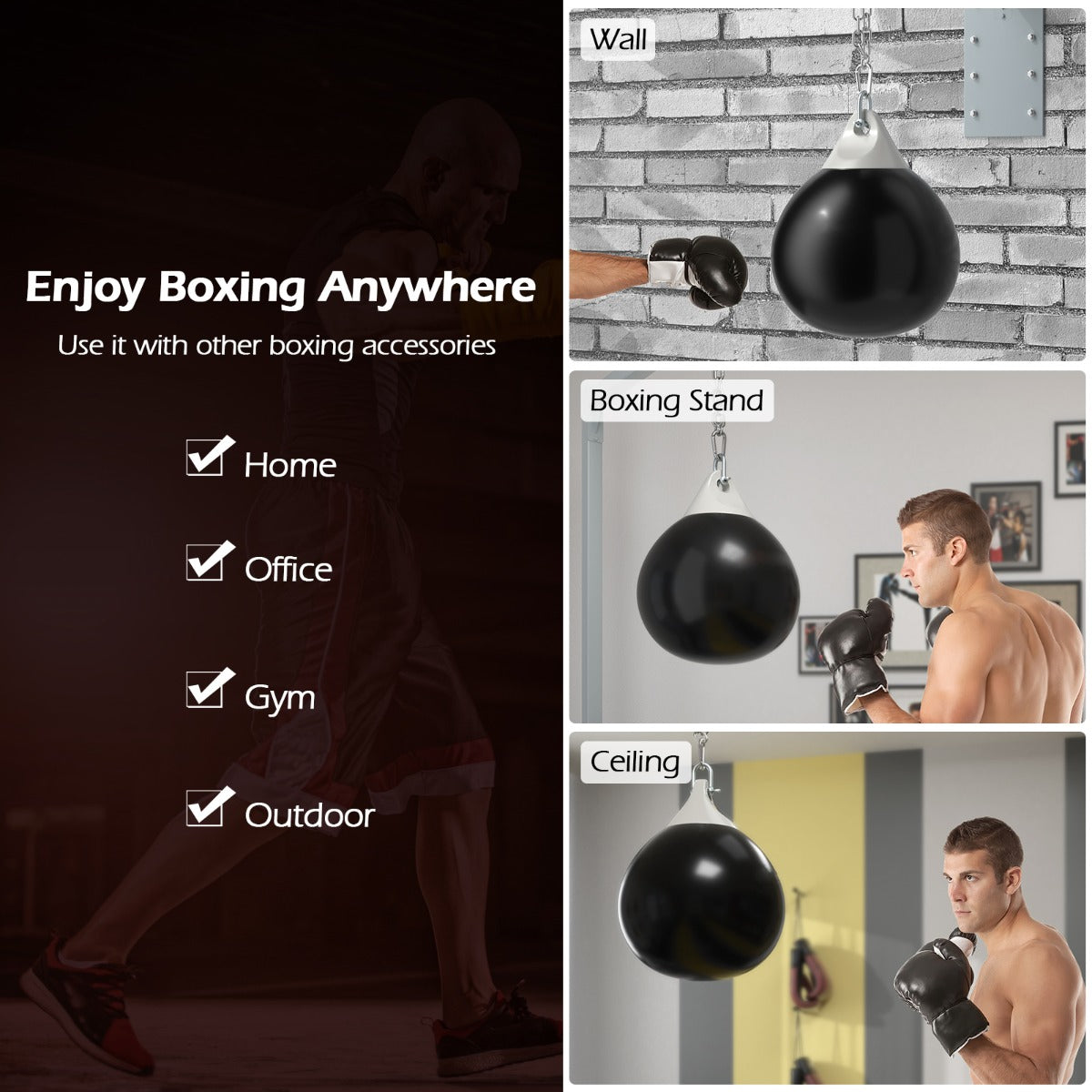45cm 50kg Water Punching Bag with Adjustable Metal Chain-Black
