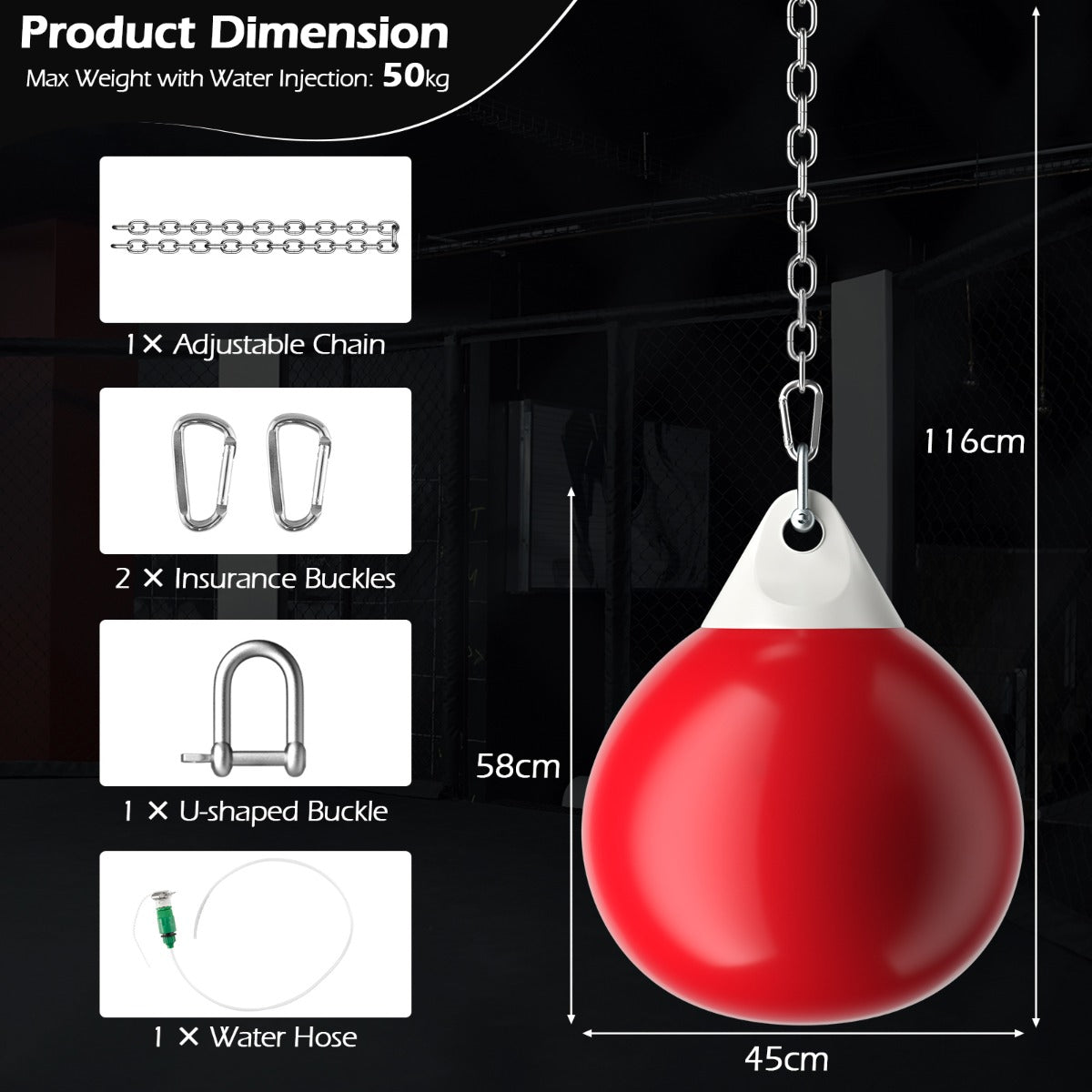 45cm 50kg Water Punching Bag with Adjustable Metal Chain-Red