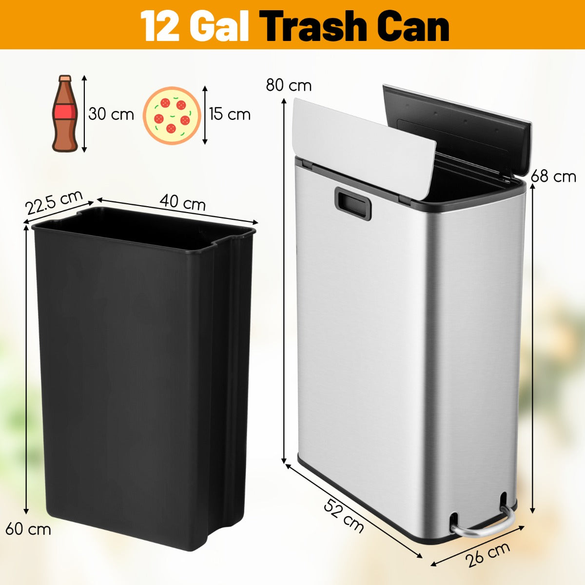 46L stainless steel trash can with soft-close wing lids and convenient pedal operation