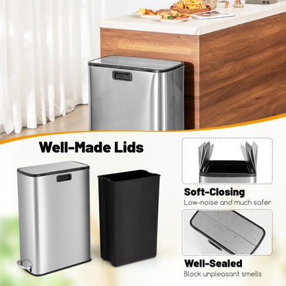Costway 46L Stainless Steel Trash Can with Soft-Closing Wing Lids and Removable Inner Bucket-Silver