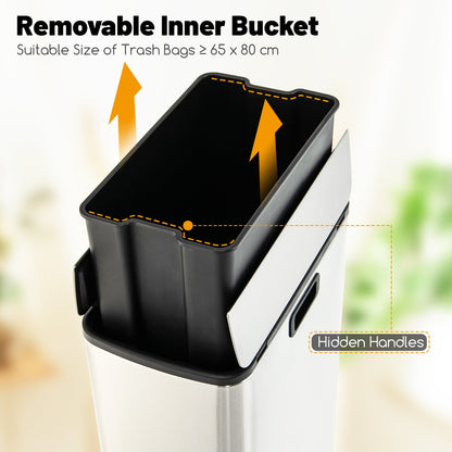 Costway 46L Stainless Steel Trash Can with Soft-Closing Wing Lids and Removable Inner Bucket-Silver