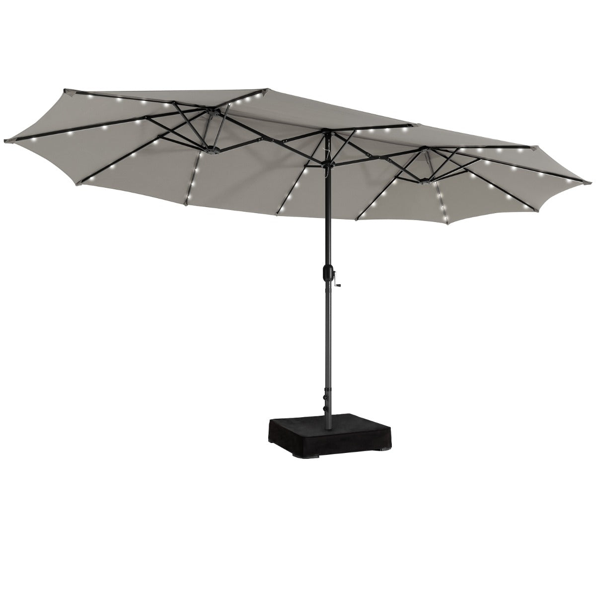 Beige double-sided outdoor umbrella with 48 solar-powered LED lights for nighttime ambiance