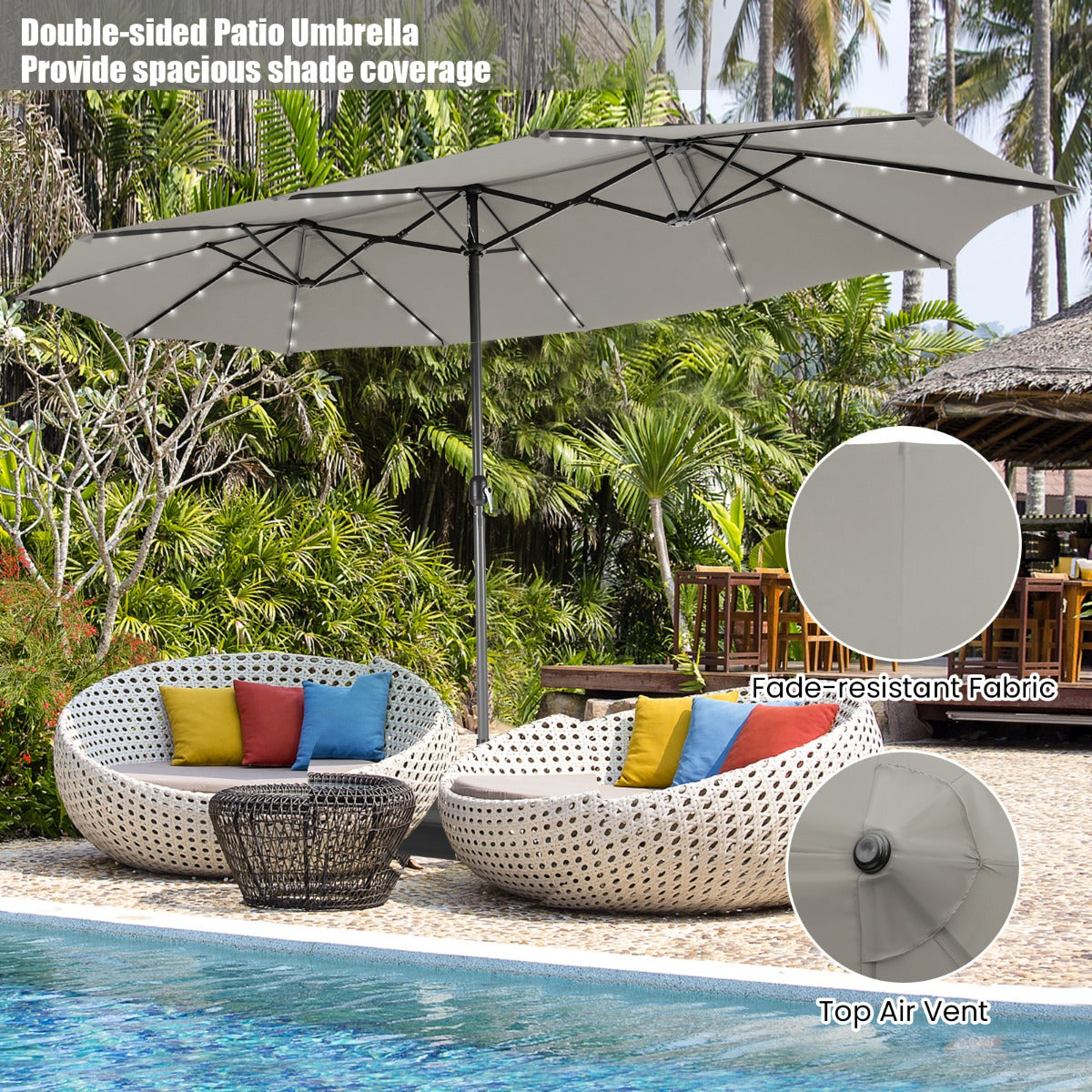 Costway 480cm Double-Sided Patio Umbrella with Auto-Charging Solar Panel-Grey