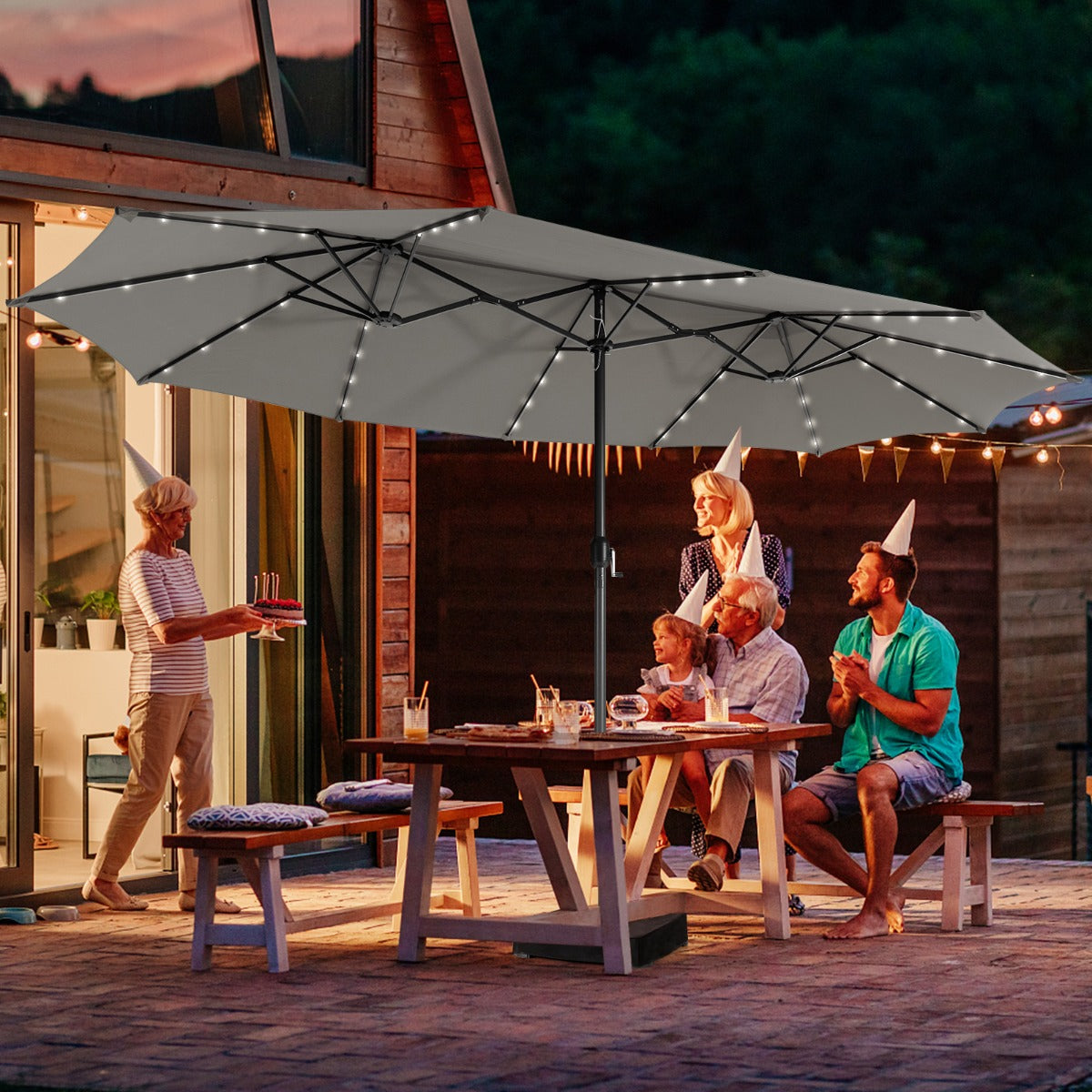 Costway 480cm Double-Sided Patio Umbrella with Auto-Charging Solar Panel-Grey