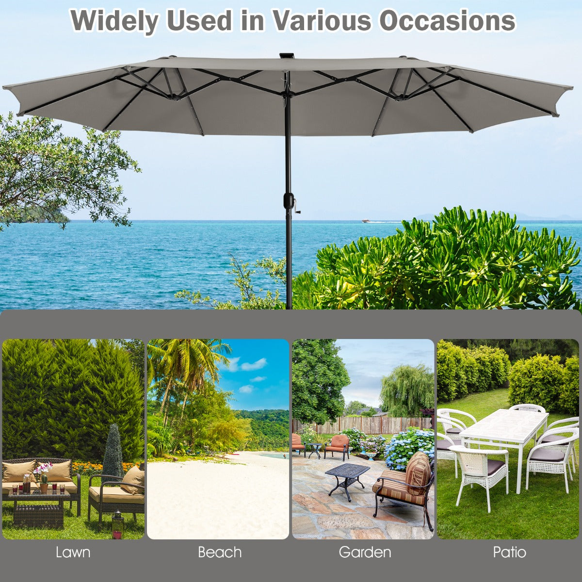 Costway 480cm Double-Sided Patio Umbrella with Auto-Charging Solar Panel-Grey