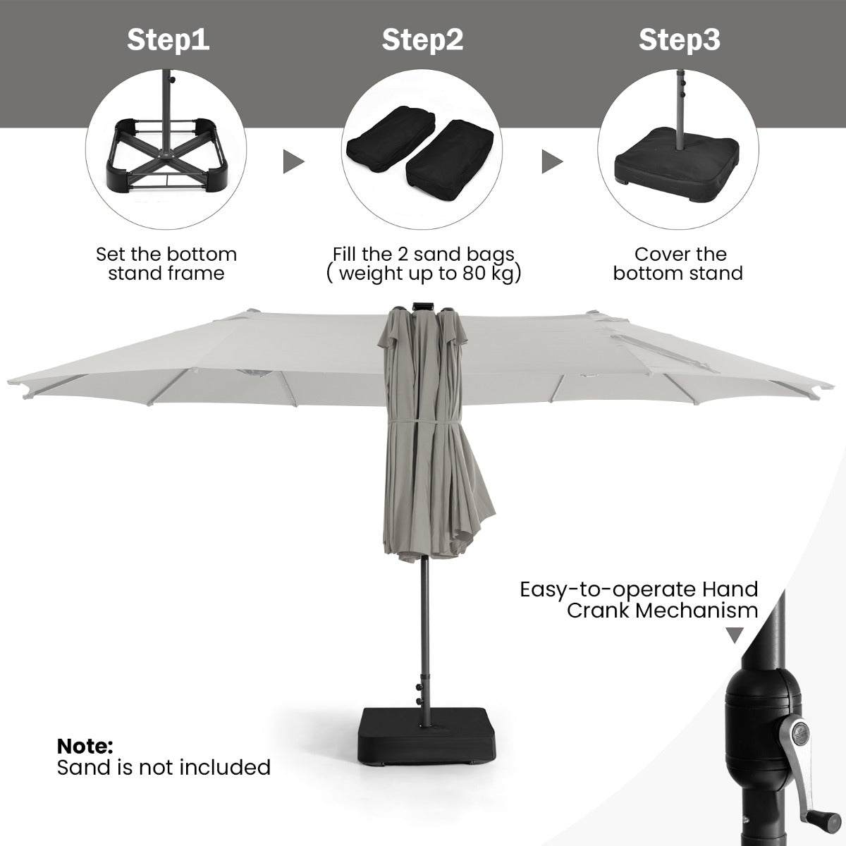 Outdoor patio umbrella with fixation strap for secure folding, storage, and convenient transport