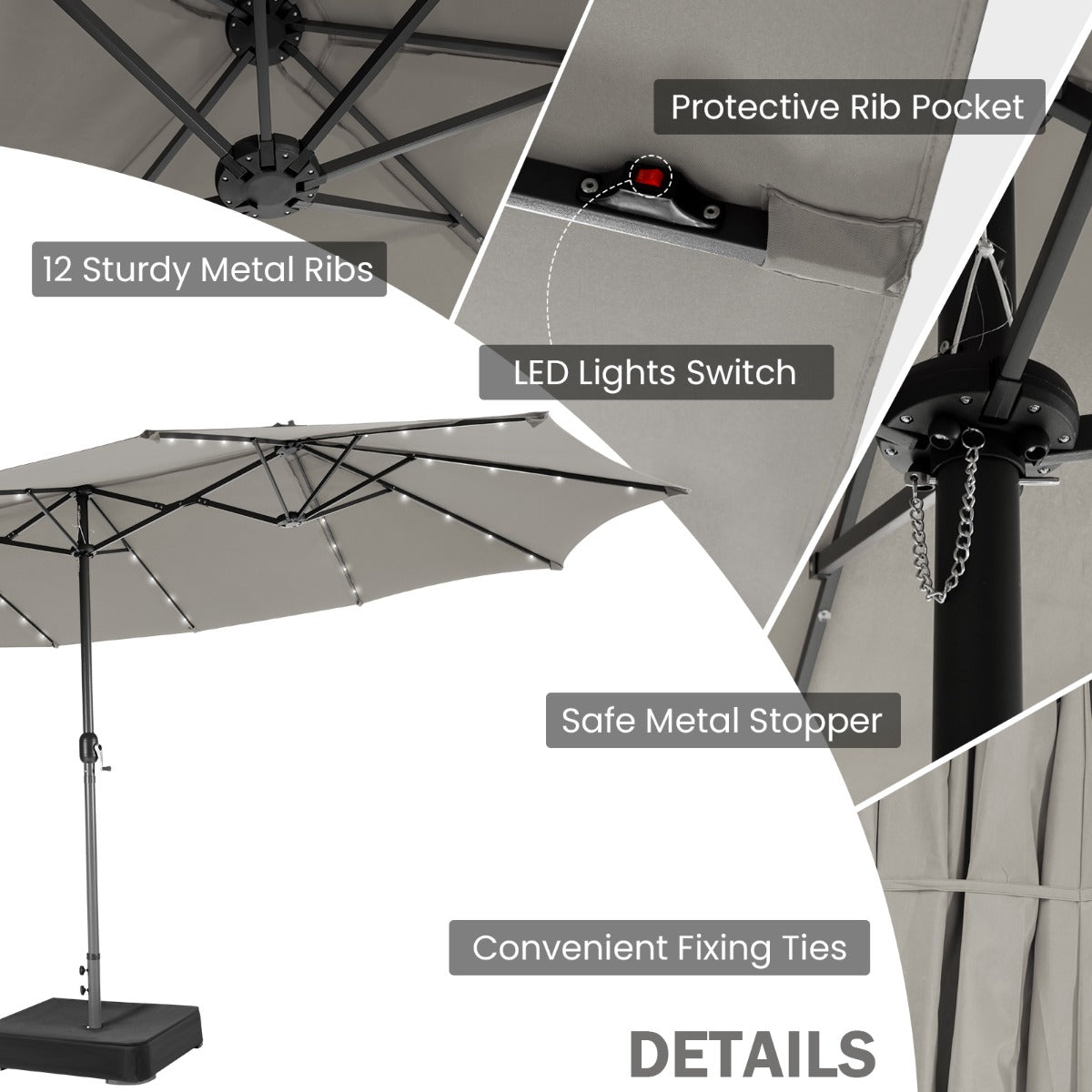 Large solar LED umbrella creates comfortable daytime shade and a romantic evening atmosphere