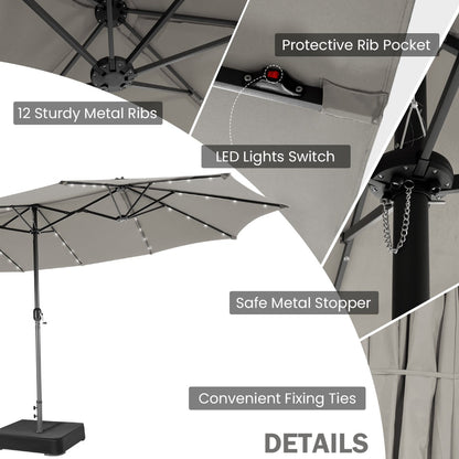 Large solar LED umbrella creates comfortable daytime shade and a romantic evening atmosphere