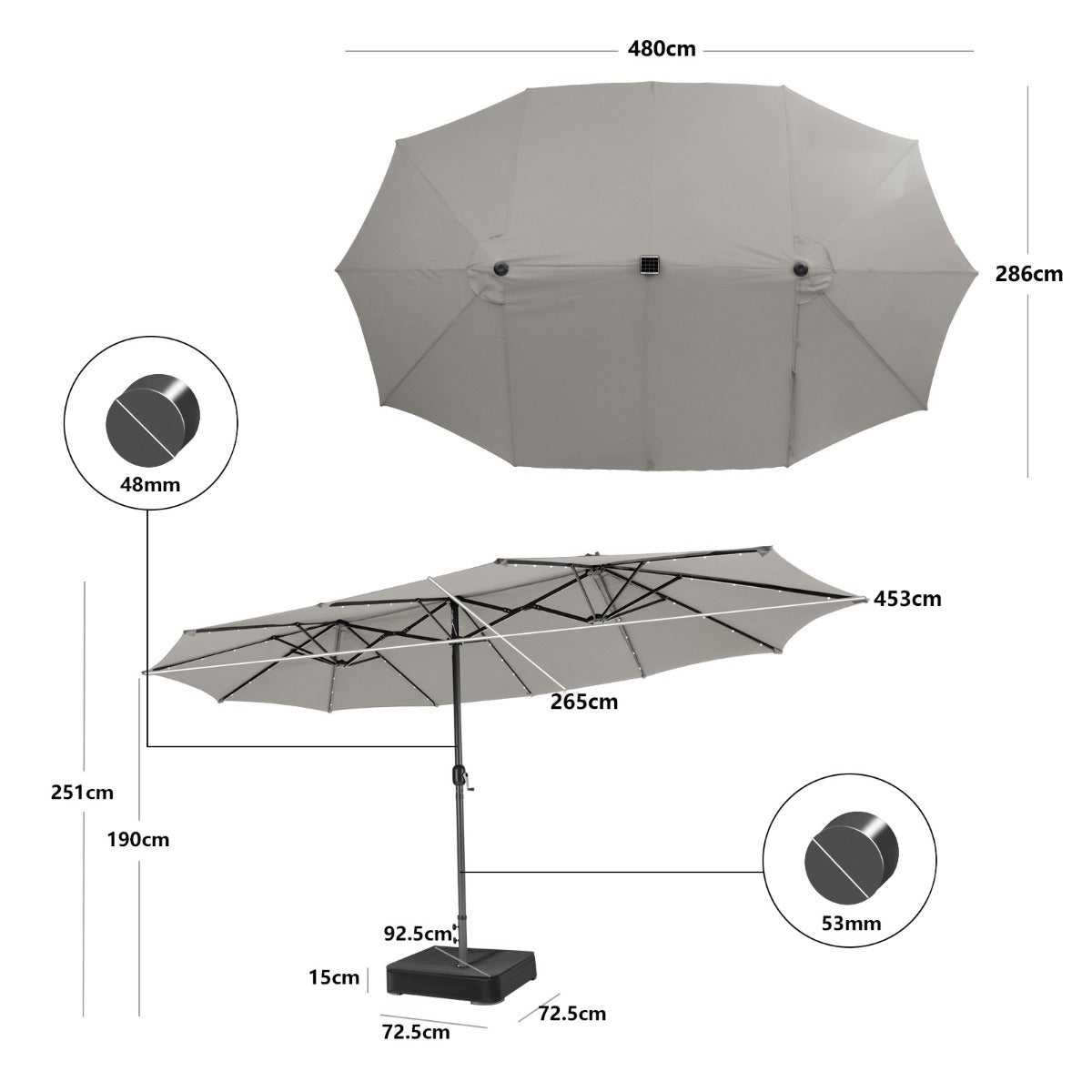 Costway 480cm Double-Sided Patio Umbrella with Auto-Charging Solar Panel-Grey