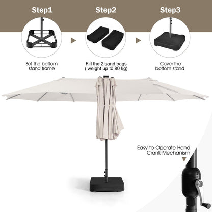 Double-sided solar patio umbrella suits backyards, markets, restaurants, pool areas, and cafes