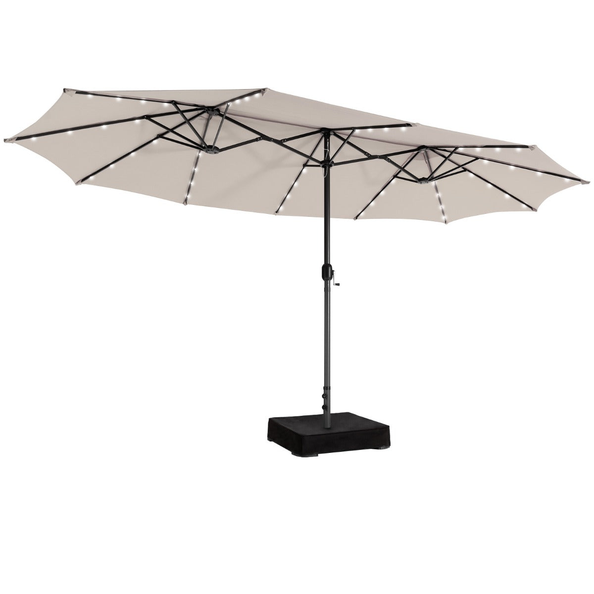 Extra-large twin patio umbrella creates generous shade for gardens, poolside areas, and commercial spaces