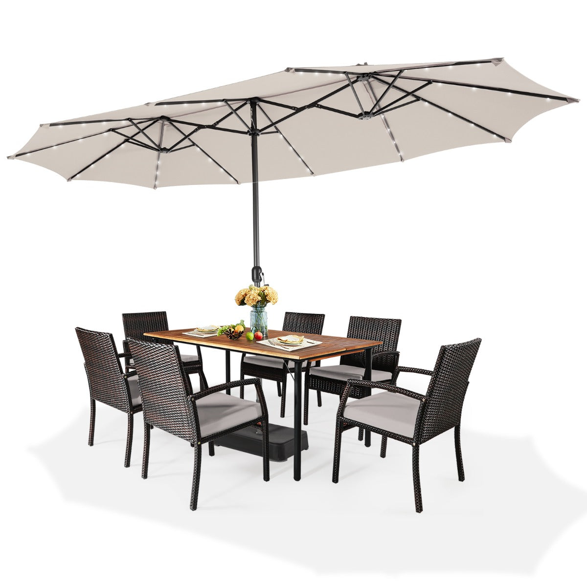 Auto-charging solar panel powers four lights on each of the umbrella's twelve metal ribs