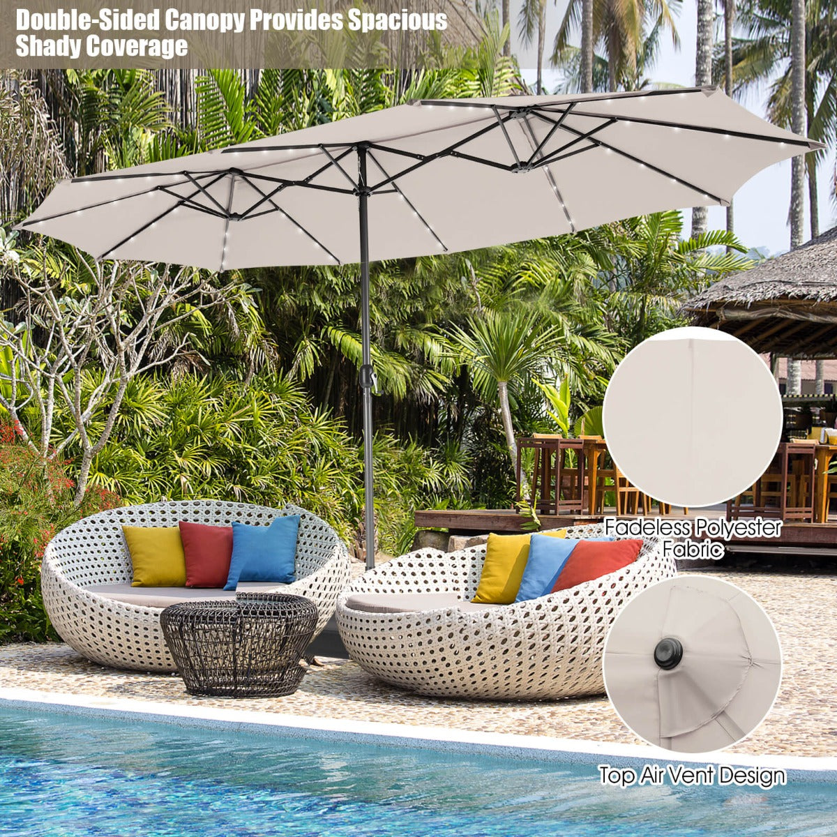 Integrated hand crank makes opening and closing the large outdoor umbrella simple and smooth