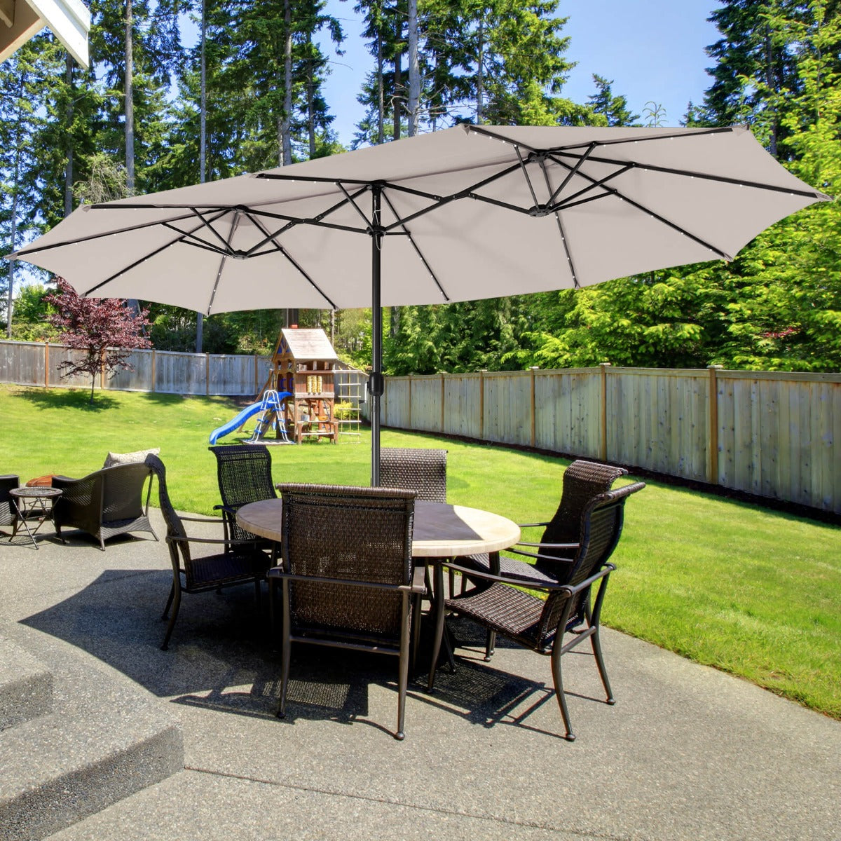 Vented polyester canopy provides sun protection, color fastness, and improved air circulation