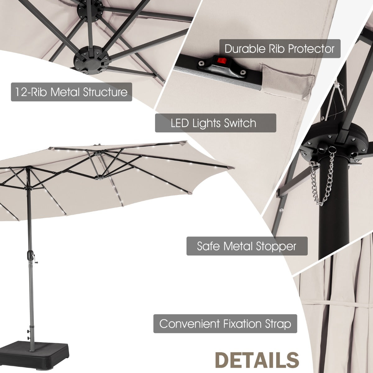Fixation strap keeps the closed umbrella secure and makes seasonal storage more convenient