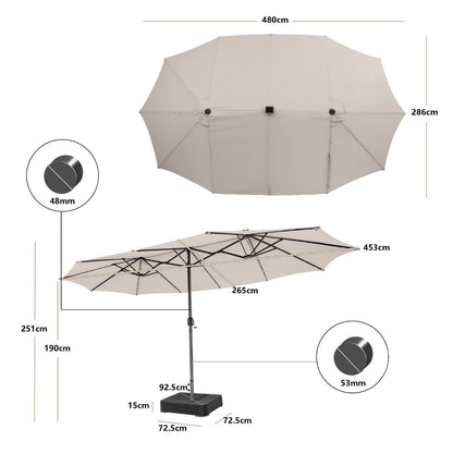 480 centimeter double-sided patio umbrella with weighted base and solar-powered LED lighting