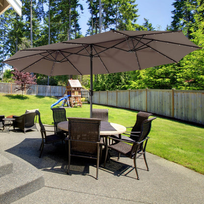 Solar panel powers four LED lights on each of twelve ribs to brighten nighttime entertaining