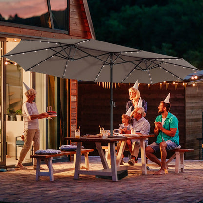 Hand crank system allows effortless opening and closing of the spacious double patio umbrella