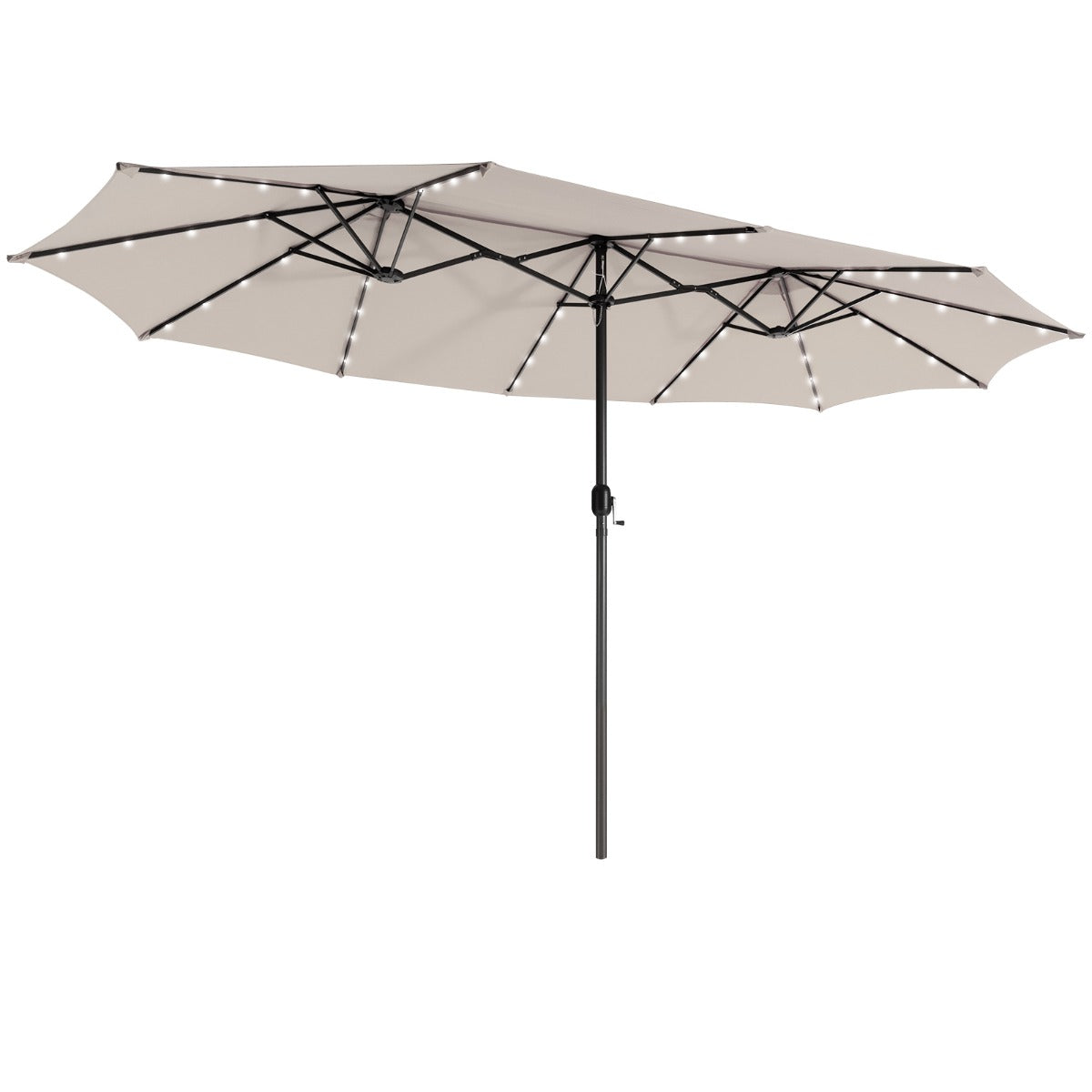 Twin outdoor market umbrella with 48 solar LED lights creates a romantic evening atmosphere