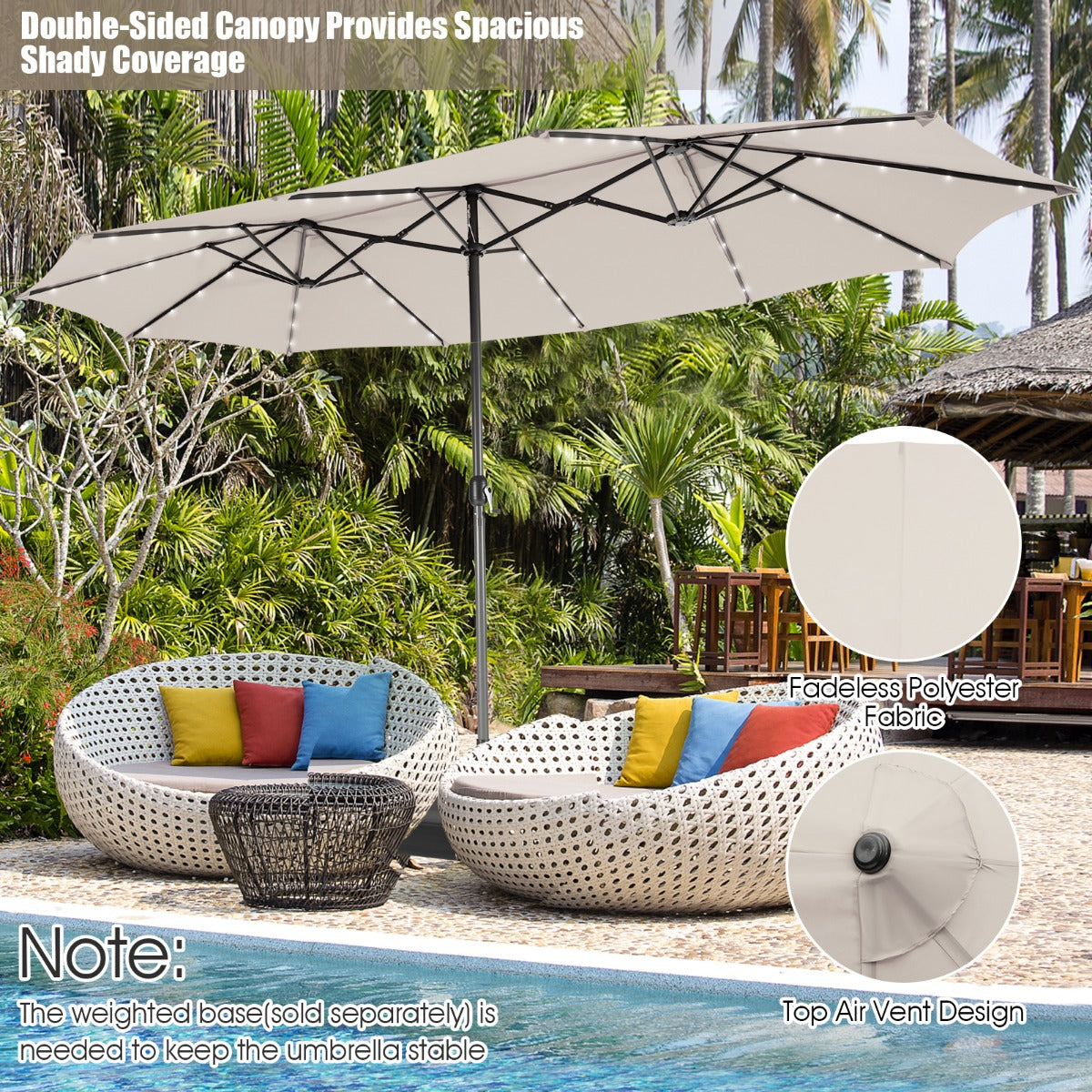 Solar-powered LED patio umbrella lights conserve energy and include a standby battery for backup