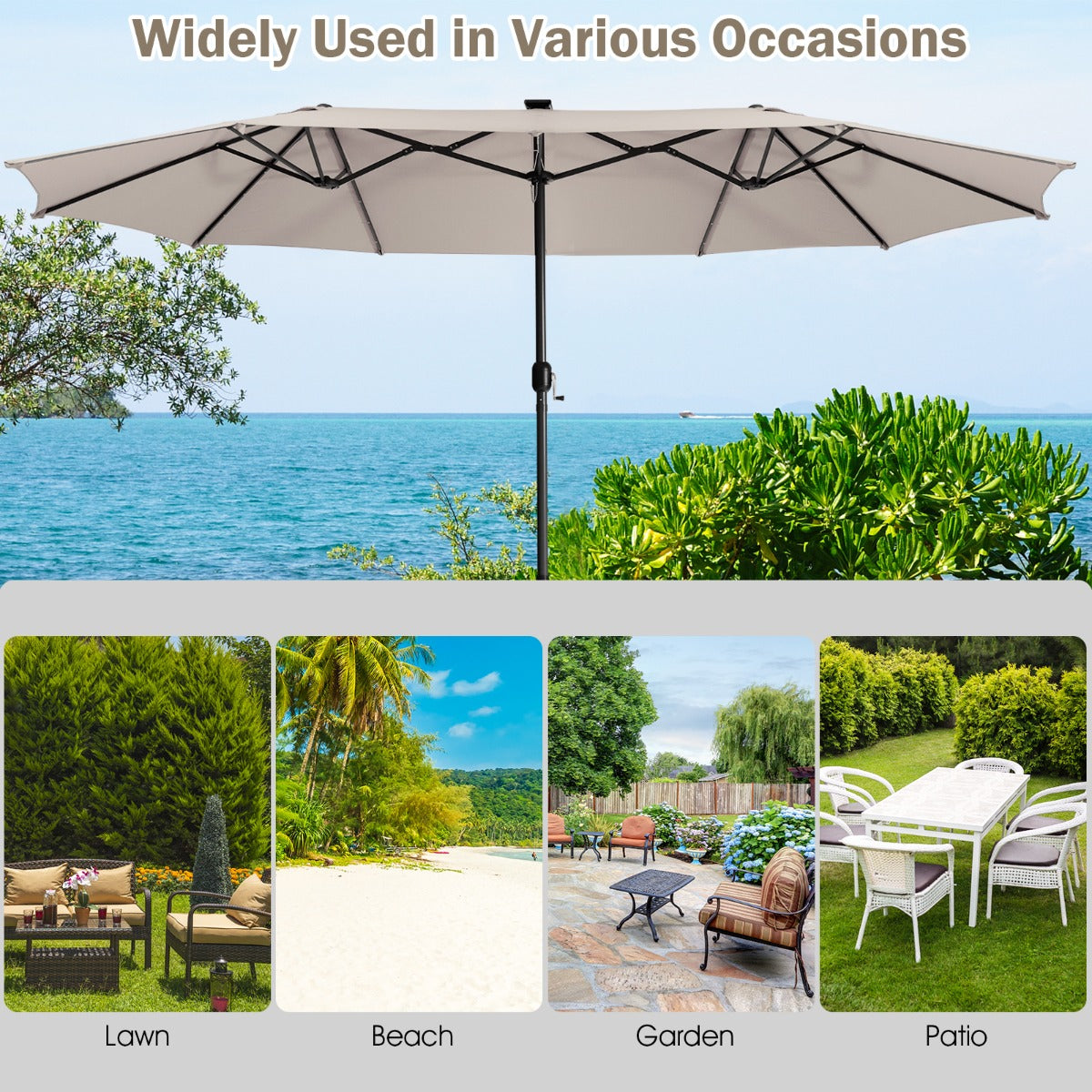 Beige, coffee, or gray twin market umbrella suits patios, gardens, backyards, cafes, and bars