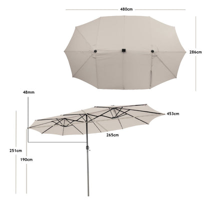 Large double-sided patio umbrella measuring 480 by 286 cm for spacious outdoor furniture coverage
