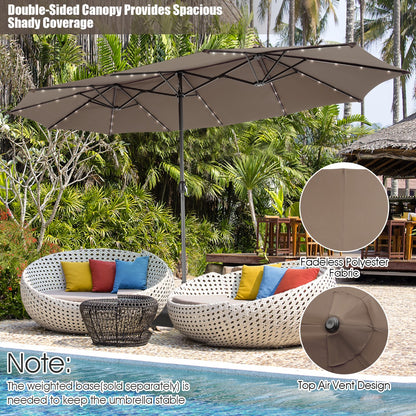 Costway 480cm Twin Patio Umbrella with 48 LED Lights and Solar Pane-Coffee