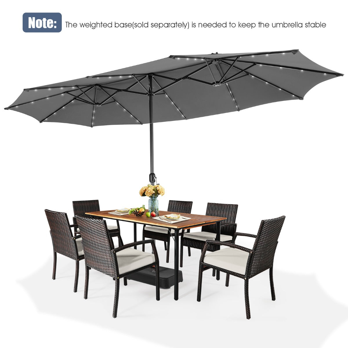 Weighted base required for safe use of this spacious solar-lit double patio umbrella