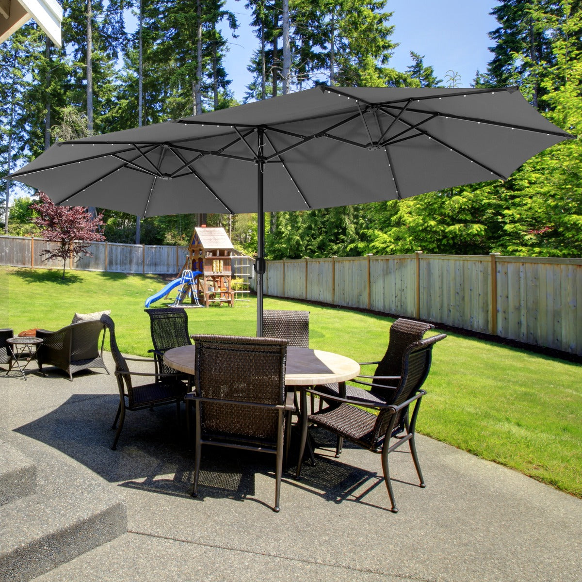 Solar-powered patio umbrella includes forty-eight LED lights for evening gatherings and outdoor dining