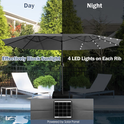 Double-sided outdoor umbrella features a durable twelve-rib steel frame and polyester canopy