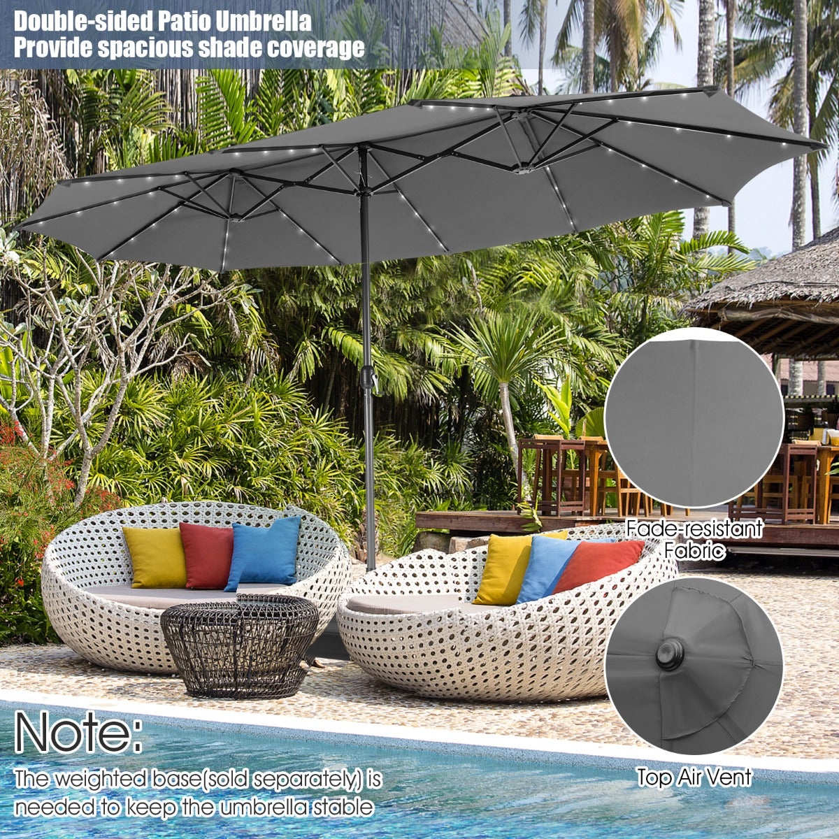 Top solar panel charges the umbrella lights efficiently, with a standby battery for low-power conditions