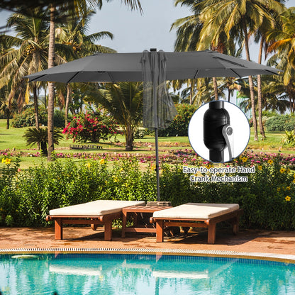 Costway 480cm Twin Patio Umbrella with 48 LED Lights and Solar Pane-Grey