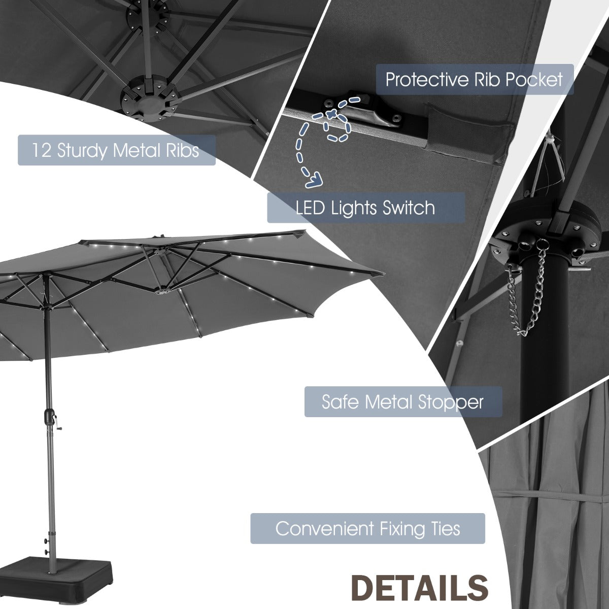 Extra-large beige, coffee, or grey patio umbrella shelters furniture in residential and commercial spaces
