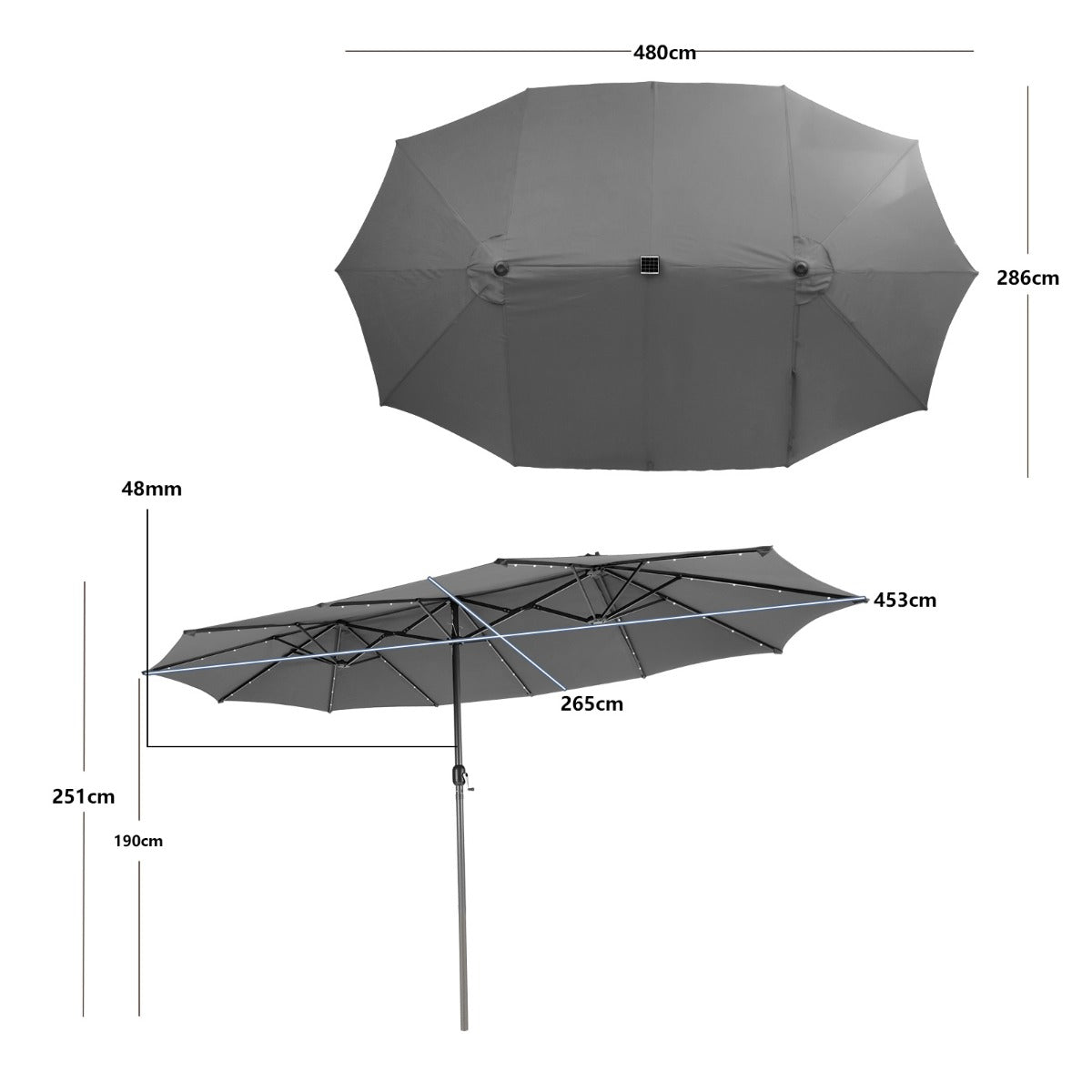 Large 480 centimeter double-sided patio umbrella with solar LED lights for outdoor furniture coverage