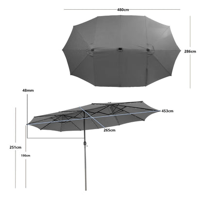 Large 480 centimeter double-sided patio umbrella with solar LED lights for outdoor furniture coverage