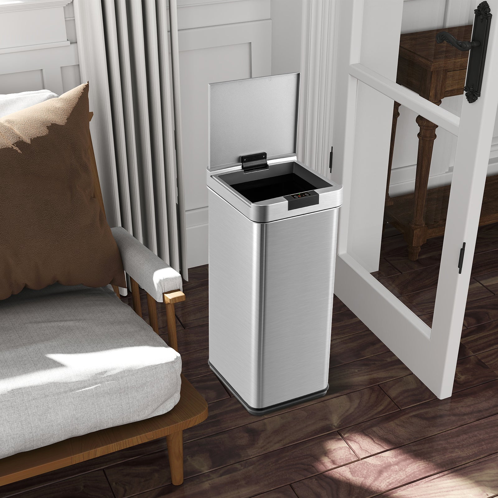 48L Automatic Trash Can with Lid Slim Rectangular Trash Bin-Silver