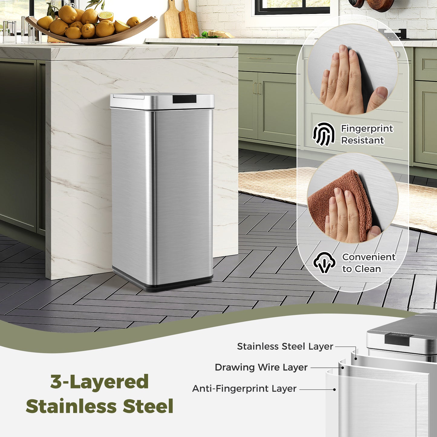48L Automatic Trash Can with Lid Slim Rectangular Trash Bin-Silver