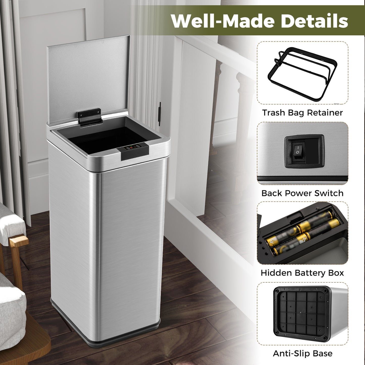48L Automatic Trash Can with Lid Slim Rectangular Trash Bin-Silver