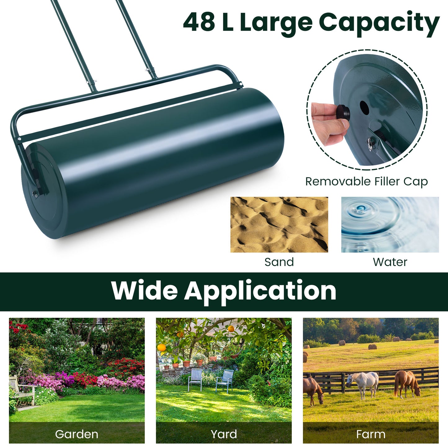 48L Lawn Roller with U-shaped Handle for Park Backyard Garden-Green