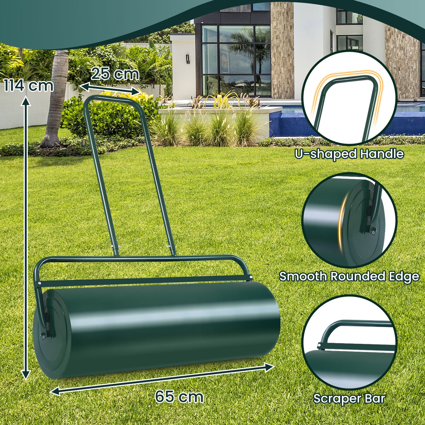48L Lawn Roller with U-shaped Handle for Park Backyard Garden-Green